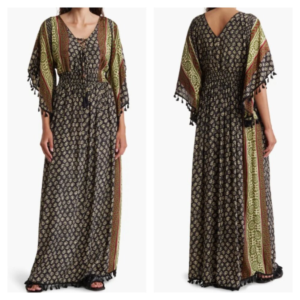Anthropologie Raga Maxi Dress‎ Boho Tassel Indian Block Print Sz S Kaftan Style